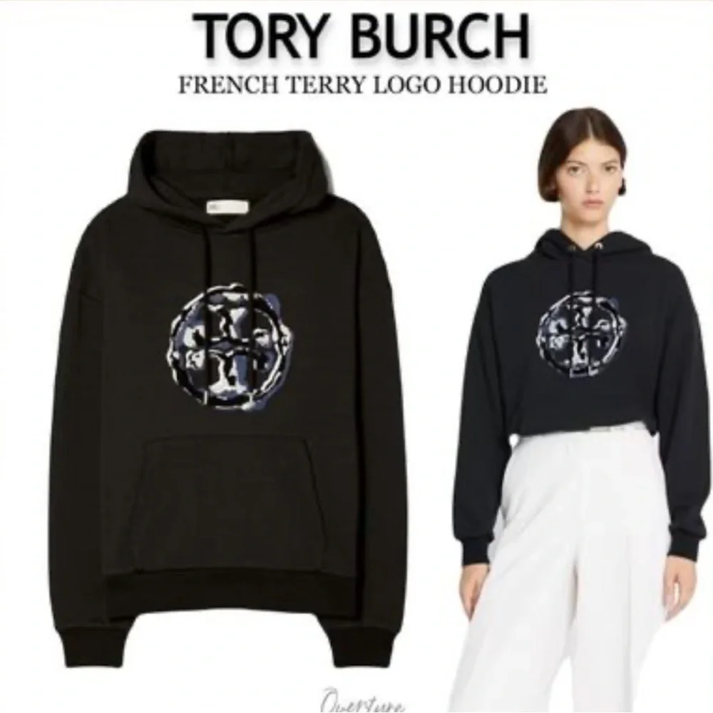 TORY BURCH FRENCH TERRY BLACK LONG SLEEVE LOGO HOODIE PULLOVER SWEATSHIRT XL